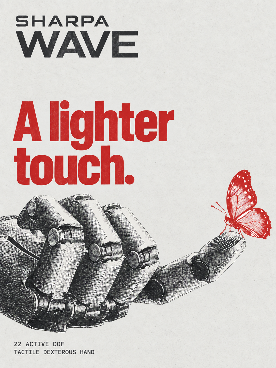 SHARPA WAVE 海报：机械手从左下伸出，指尖停着一只红色蝴蝶，上方红色标题 A lighter touch。